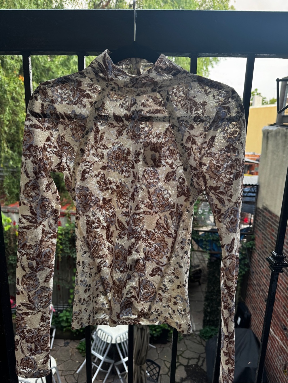 Free People Ivory and Brown Sheer Lace print shirt